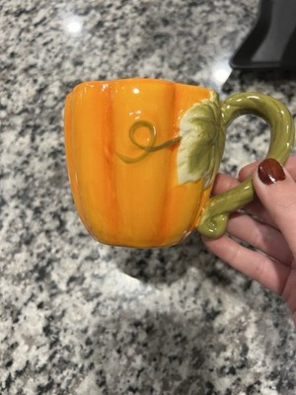 Ceramic Pumpkin Mug with Green Vine Handle Fall Autumn Halloween Decor